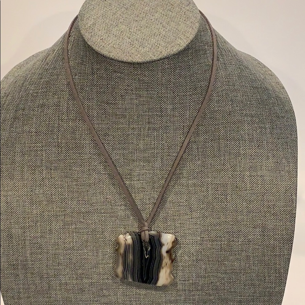 Geode Stone Slice Pendant on Sueded Long Necklace